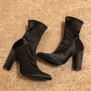 Sara Black Satin Pointy Toe Ankle Boots